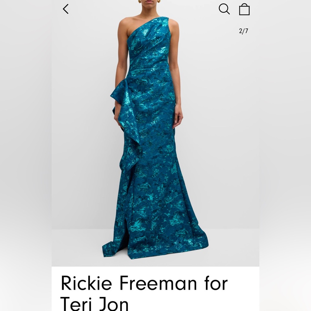 Rickie Freeman for Teri Jon Metallic jacquard one-shoulder side ruffle gown